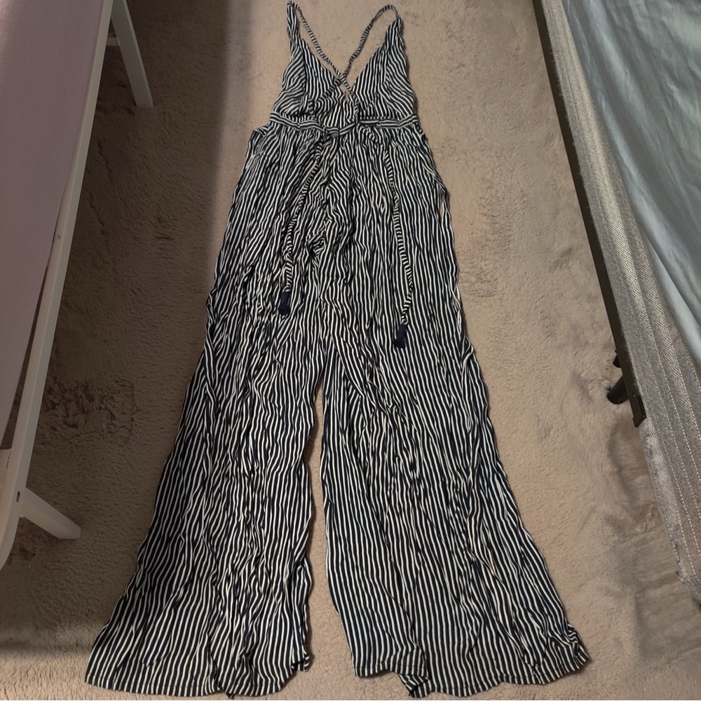 Faithfull the Brand Riley Black and White Maison Stripe Plunge Jumpsuit Halter - Picture 5 of 6
